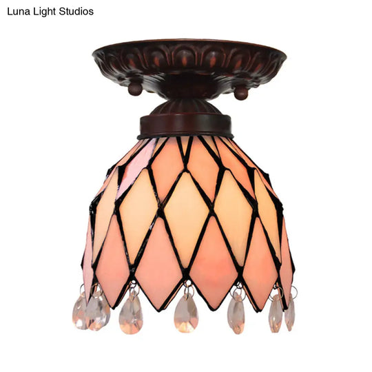 Tiffany Style Pink Glass Ceiling Flushmount Light Fixture - 1 Flower/Flared/Rhombus Design / Rhombus