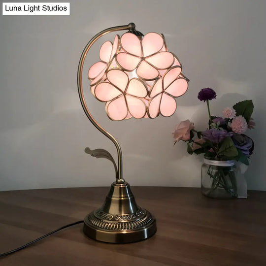 Tiffany Style Pink Glass Cluster-Flower Table Lamp With Bronze Stand