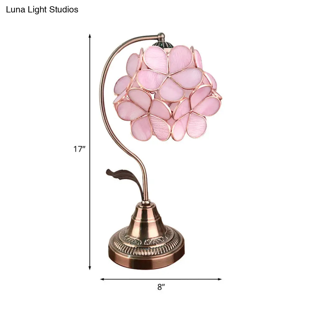 Tiffany Style Pink Glass Cluster-Flower Table Lamp With Bronze Stand