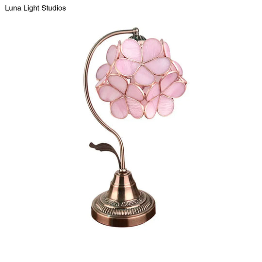 Tiffany Style Pink Glass Cluster-Flower Table Lamp With Bronze Stand