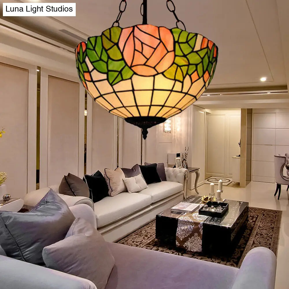 Tiffany Style Pink Stainless Glass Pendant Light - 2/3 Lights Bowl Hanging Suspension Lighting For