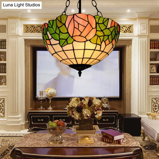 Tiffany Style Pink Stainless Glass Pendant Light - 2/3 Lights Bowl Hanging Suspension Lighting For