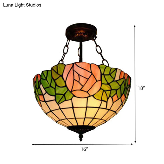 Tiffany Style Pink Glass Pendant Light - 2/3 Lights Bowl Suspended Fixture For Living Room