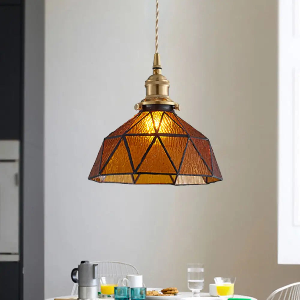 Tiffany-Style Polyhedron Pendant Lamp With Glass Domed Shade - Gallery Suspension Light Amber