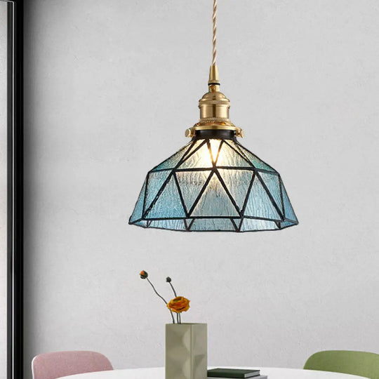 Tiffany-Style Polyhedron Pendant Lamp With Glass Domed Shade - Gallery Suspension Light Blue