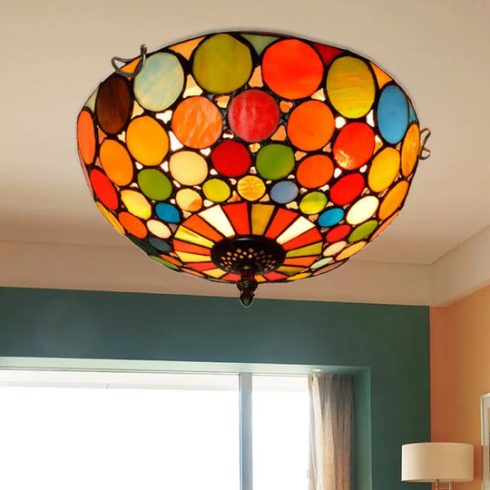 Tiffany Style Red Flushmount Bedroom Light Fixture - 2/3 Lights Dome Stained Glass Shade