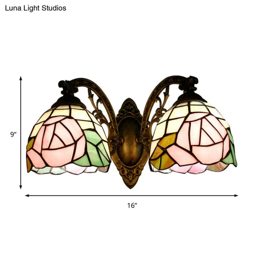 Tiffany Style Rose Pattern Wall Sconce - Stained Glass 2-Light Fixture In Bronze Finish