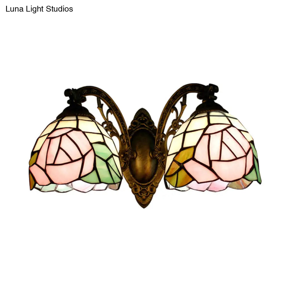 Tiffany Style Rose Pattern Wall Sconce - Stained Glass 2-Light Fixture In Bronze Finish