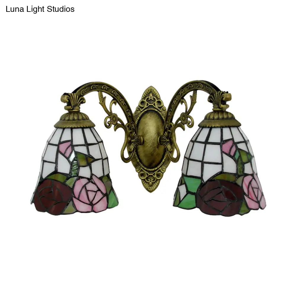 Tiffany Style Rose Pattern Wall Sconce - Stained Glass 2-Light Fixture In Bronze Finish