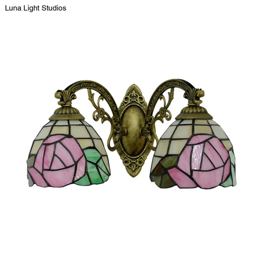 Tiffany Style Rose Pattern Wall Sconce - Stained Glass 2-Light Fixture In Bronze Finish