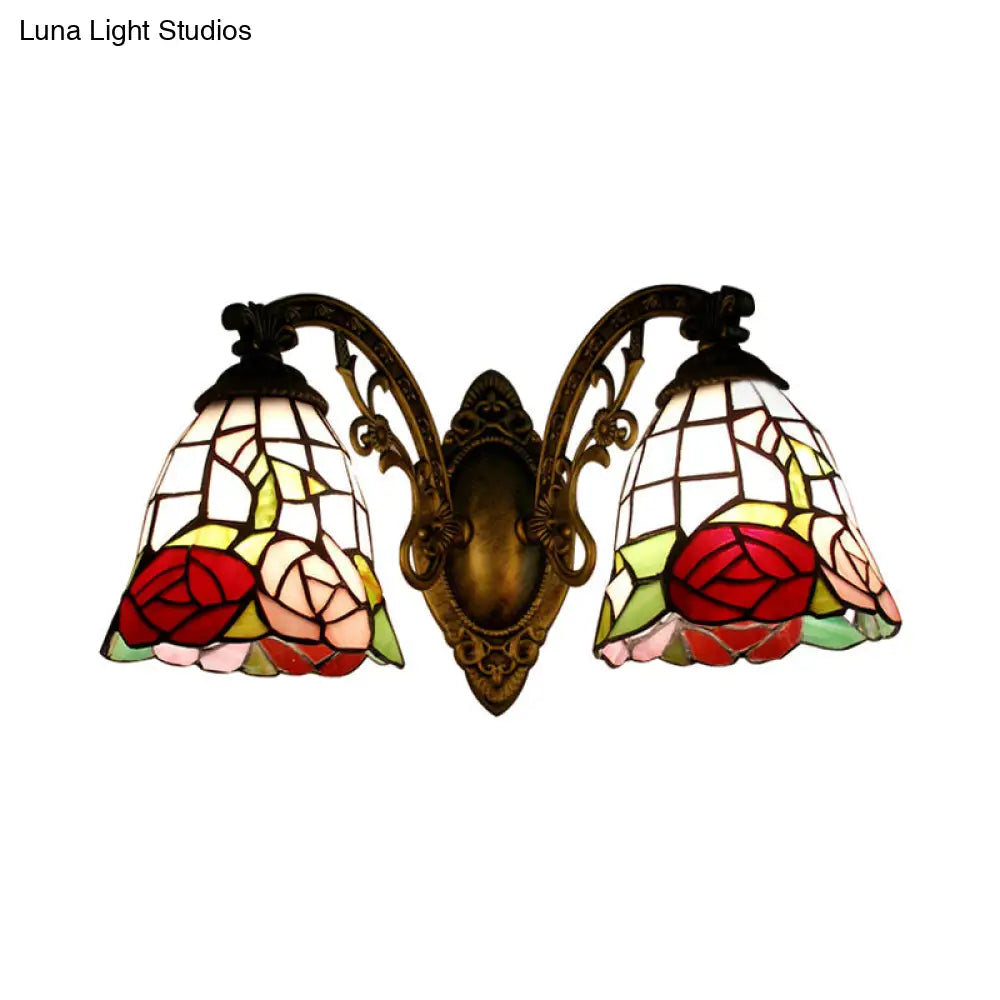 Tiffany Style Rose Pattern Wall Sconce - Stained Glass 2-Light Fixture In Bronze Finish