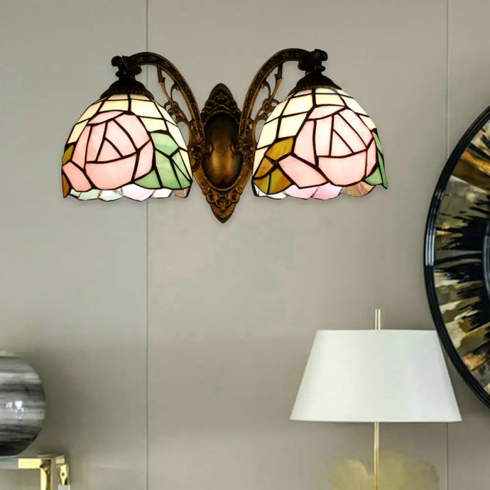 Tiffany Style Rose Pattern Wall Sconce - Stained Glass 2-Light Fixture In Bronze Finish / Pink