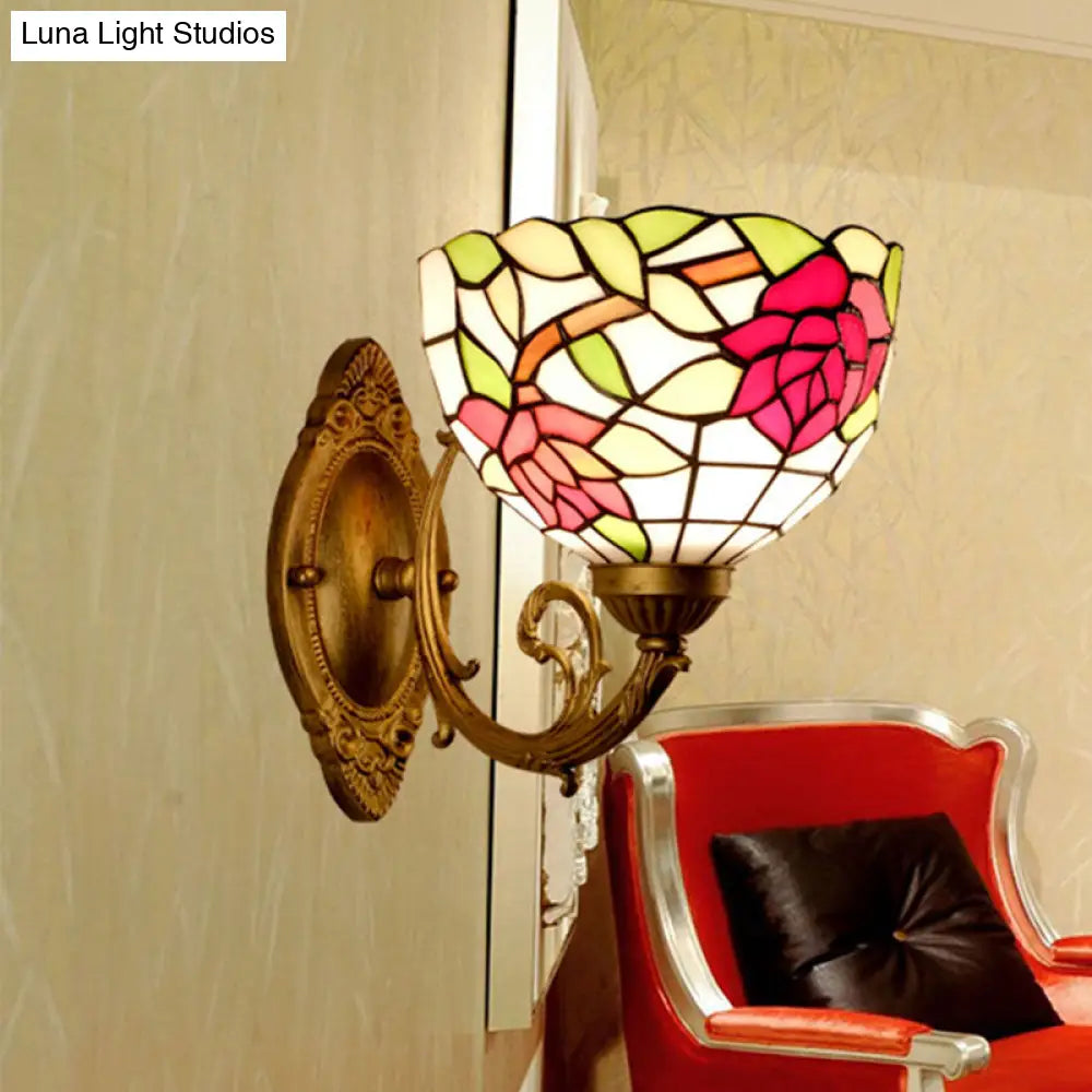 Tiffany Style Rose Red Sconce Light: Cut Glass Flower Wall Mount Lighting For Bedroom