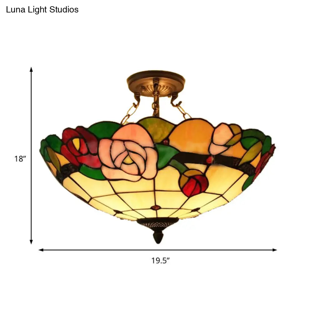 Rose Stained Glass Tiffany Style Semi Flush Light - 3 Bulbs Ideal For Living Room