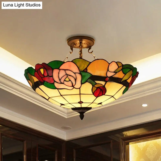 Rose Stained Glass Tiffany Style Semi Flush Light - 3 Bulbs Ideal For Living Room White