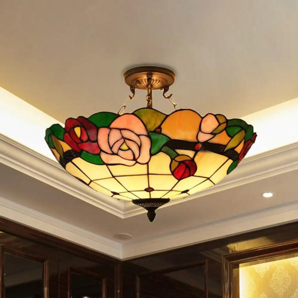 Tiffany Style Rose Stained Glass Semi Flushmount Light Set - Ideal For Living Room White