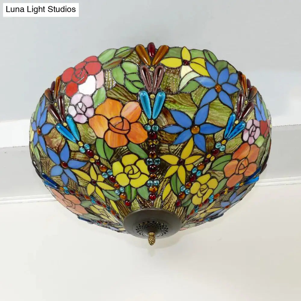 Rustic Tiffany-Style Pendant Light With Multi-Colored Flower/Rose Pattern - Perfect For Dining Room