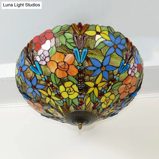 Rustic Tiffany-Style Pendant Light With Multi-Colored Flower/Rose Pattern - Perfect For Dining Room