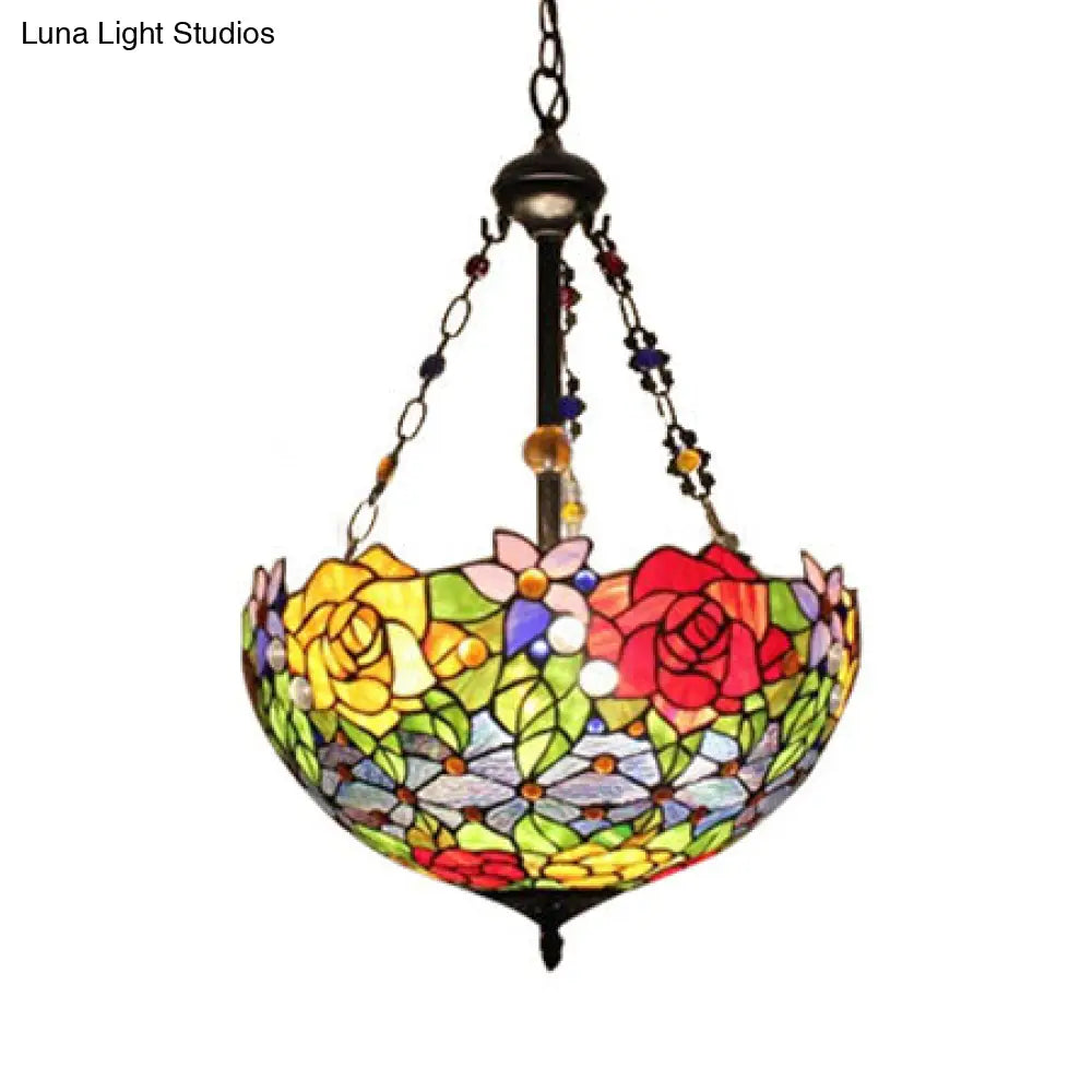 Rustic Tiffany-Style Pendant Light With Multi-Colored Flower/Rose Pattern - Perfect For Dining Room