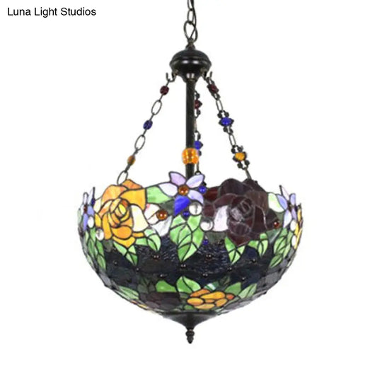 Rustic Tiffany-Style Pendant Light With Multi-Colored Flower/Rose Pattern - Perfect For Dining Room