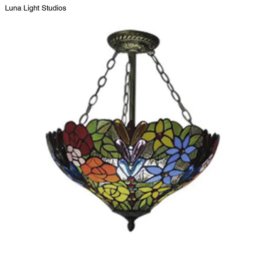 Rustic Tiffany-Style Pendant Light With Multi-Colored Flower/Rose Pattern - Perfect For Dining Room