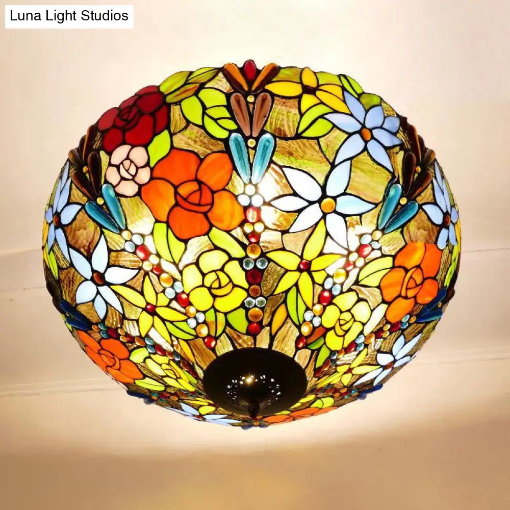 Tiffany Style Rustic Glass Pendant Light With Multi-Colored Flower Pattern For Dining Room Ceiling