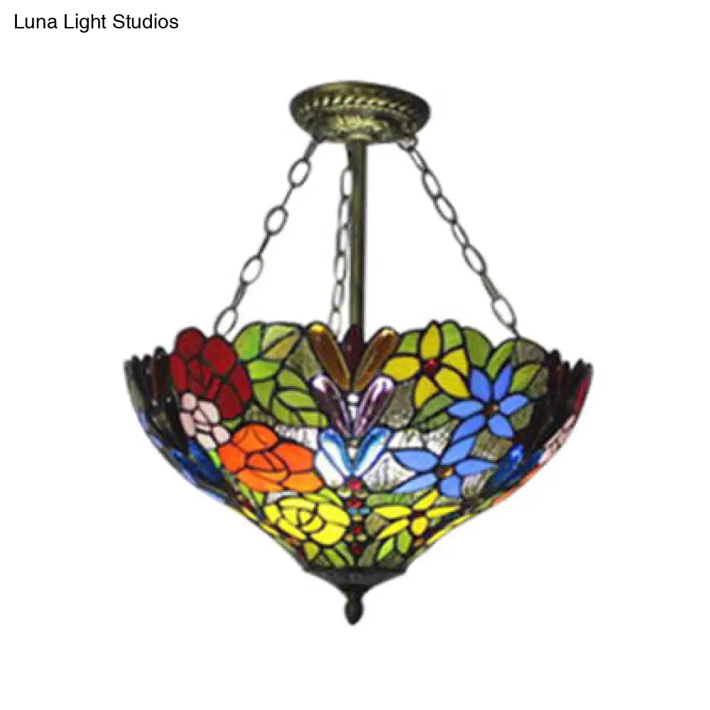 Rustic Tiffany-Style Pendant Light With Multi-Colored Flower/Rose Pattern - Perfect For Dining Room