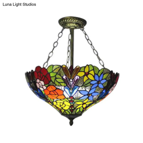 Rustic Tiffany-Style Pendant Light With Multi-Colored Flower/Rose Pattern - Perfect For Dining Room