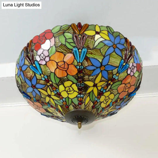 Tiffany Style Rustic Glass Pendant Light With Multi-Colored Flower Pattern For Dining Room Ceiling