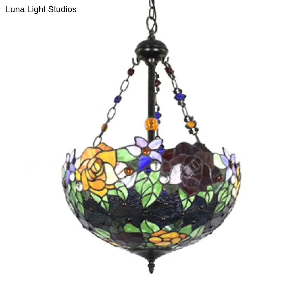 Tiffany Style Rustic Glass Pendant Light With Multi-Colored Flower Pattern For Dining Room Ceiling