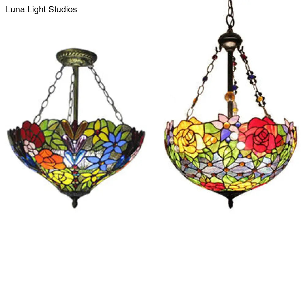 Rustic Tiffany-Style Pendant Light With Multi-Colored Flower/Rose Pattern - Perfect For Dining Room