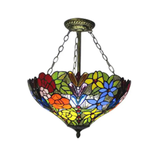 Tiffany Style Rustic Glass Pendant Light With Multi-Colored Flower Pattern For Dining Room Ceiling