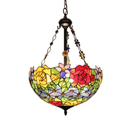 Tiffany Style Rustic Glass Pendant Light With Multi-Colored Flower Pattern For Dining Room Ceiling