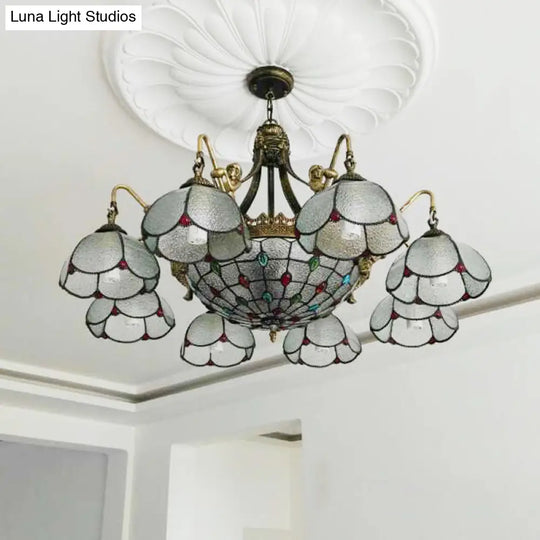 Bronze Flower Chandelier With Scalloped Tiffany Style Ripple Glass Pendant Light