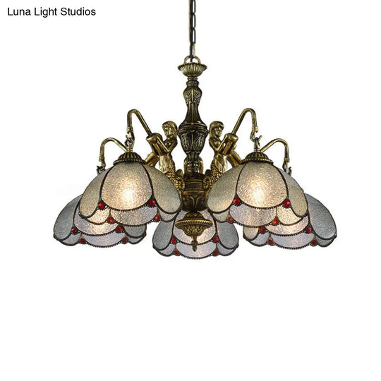 Bronze Flower Chandelier With Scalloped Tiffany Style Ripple Glass Pendant Light 5 /