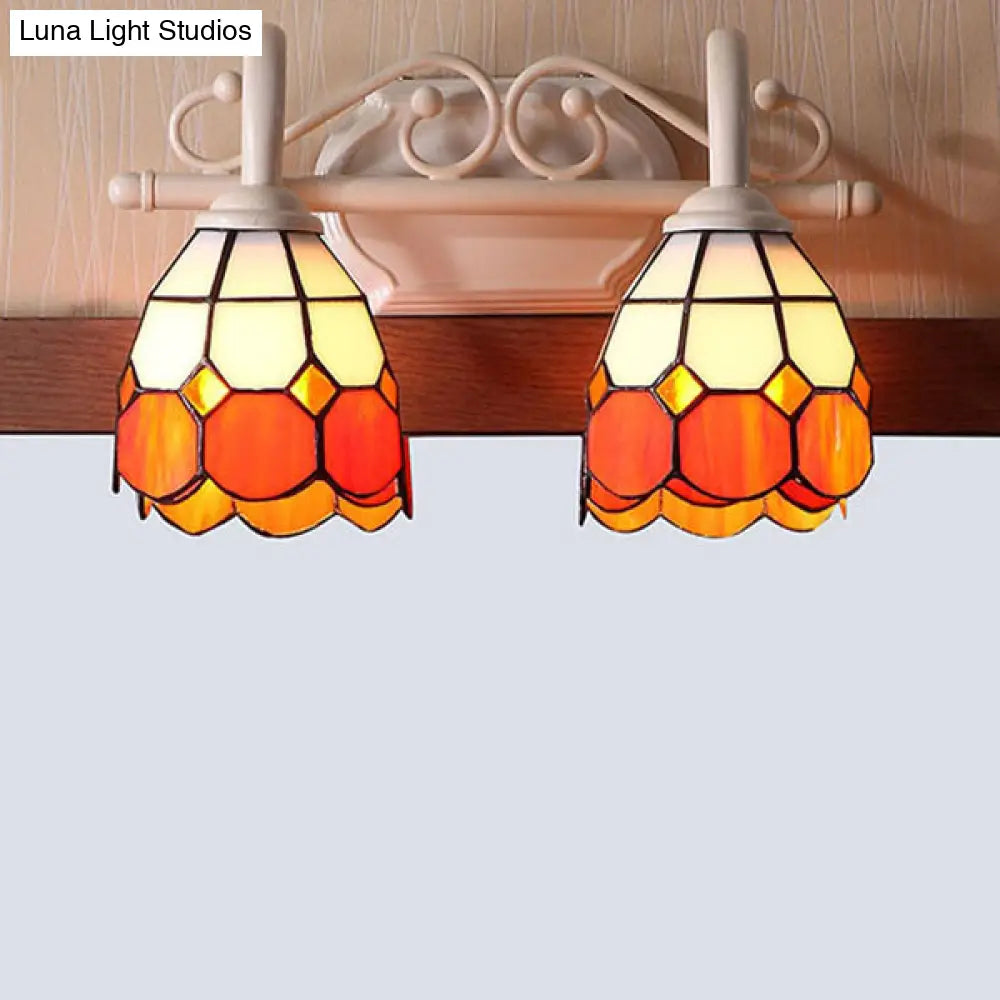 Tiffany Style Scalloped Wall Lighting: Stained Glass 2 Lights Vanity Light In Orange/Blue For