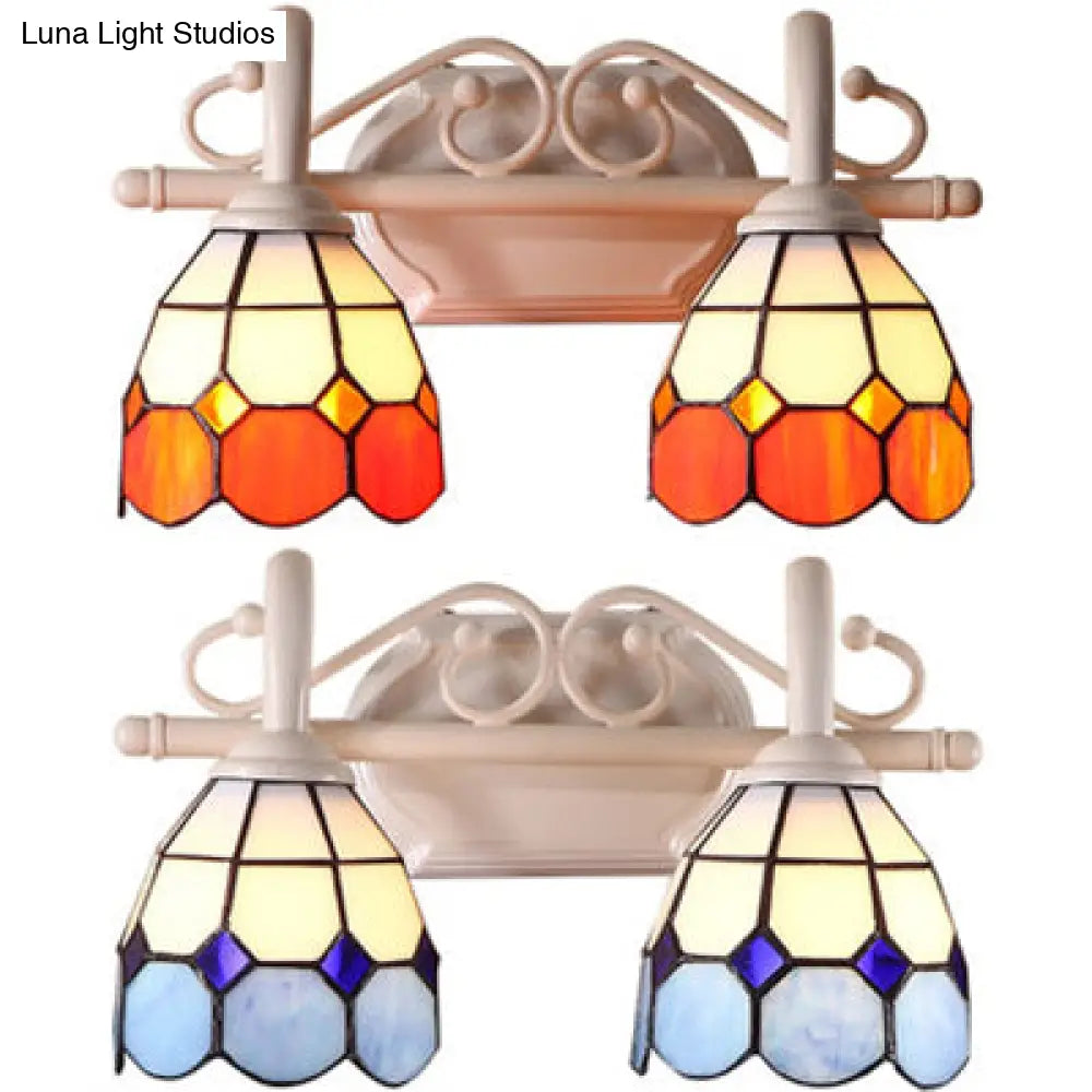 Tiffany Style Scalloped Wall Lighting: Stained Glass 2 Lights Vanity Light In Orange/Blue For