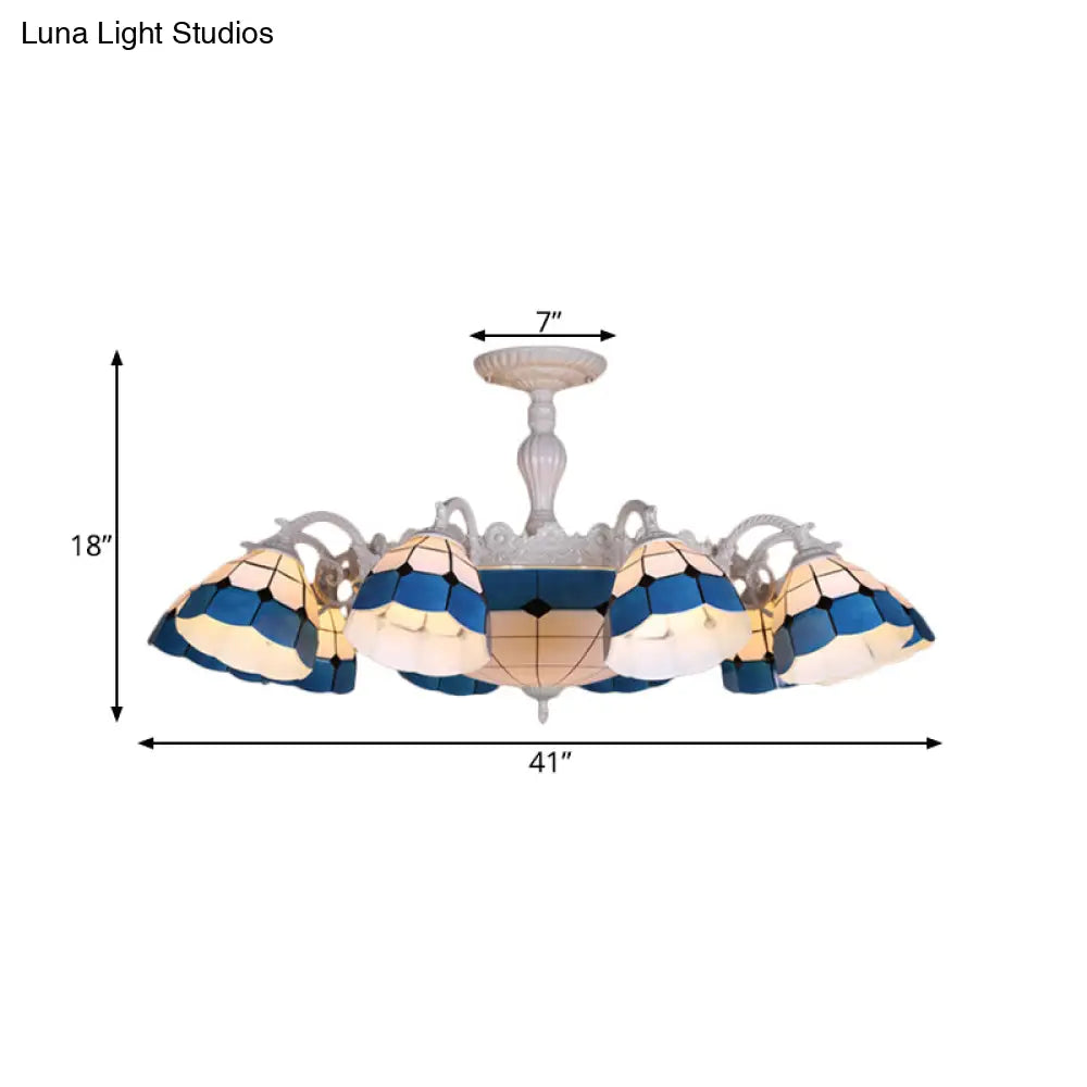 Tiffany - Style Semi Flush Ceiling Lamp: Grid Patterned Blue Cut Glass - Ideal For Living Room