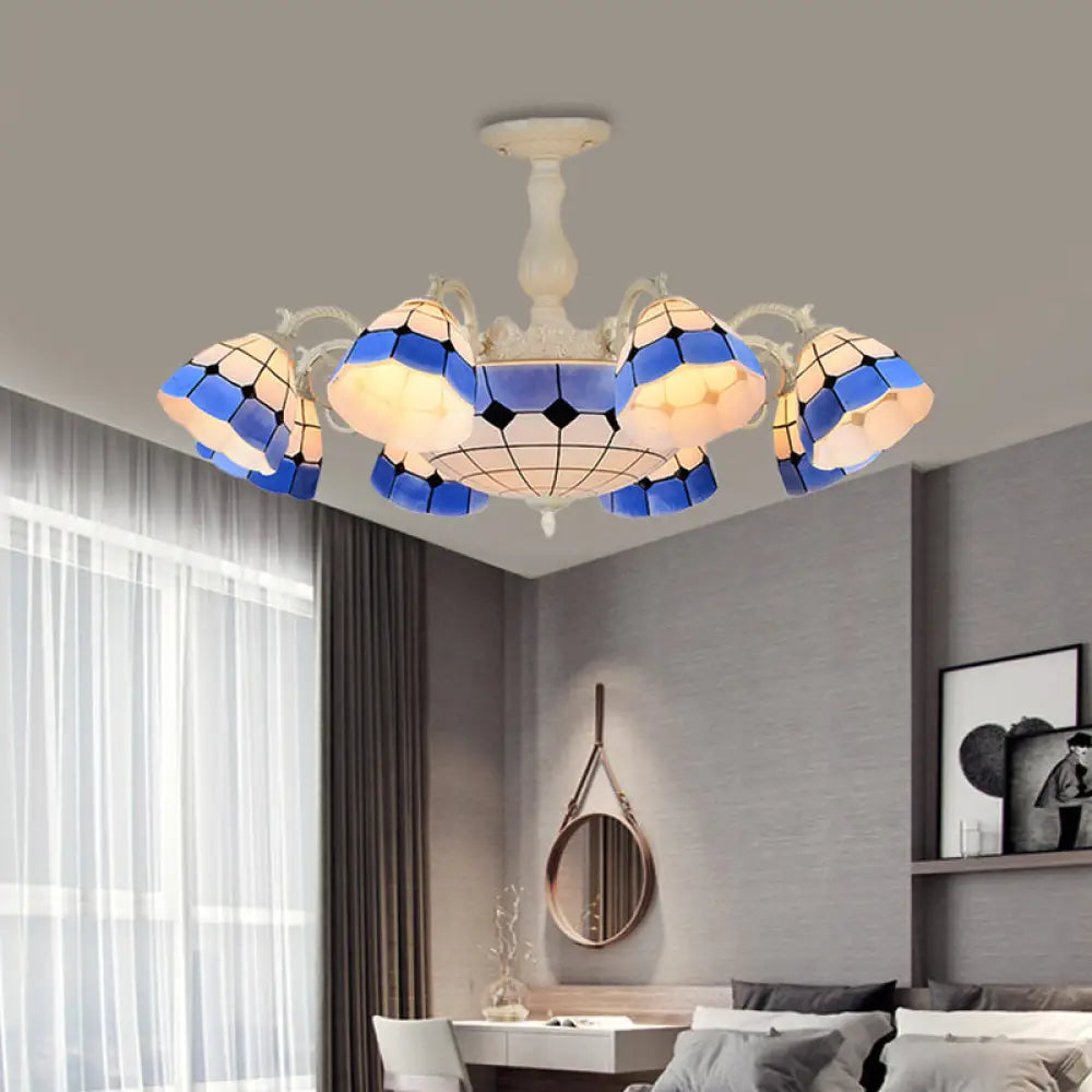Tiffany - Style Semi Flush Ceiling Lamp: Grid Patterned Blue Cut Glass - Ideal For Living Room