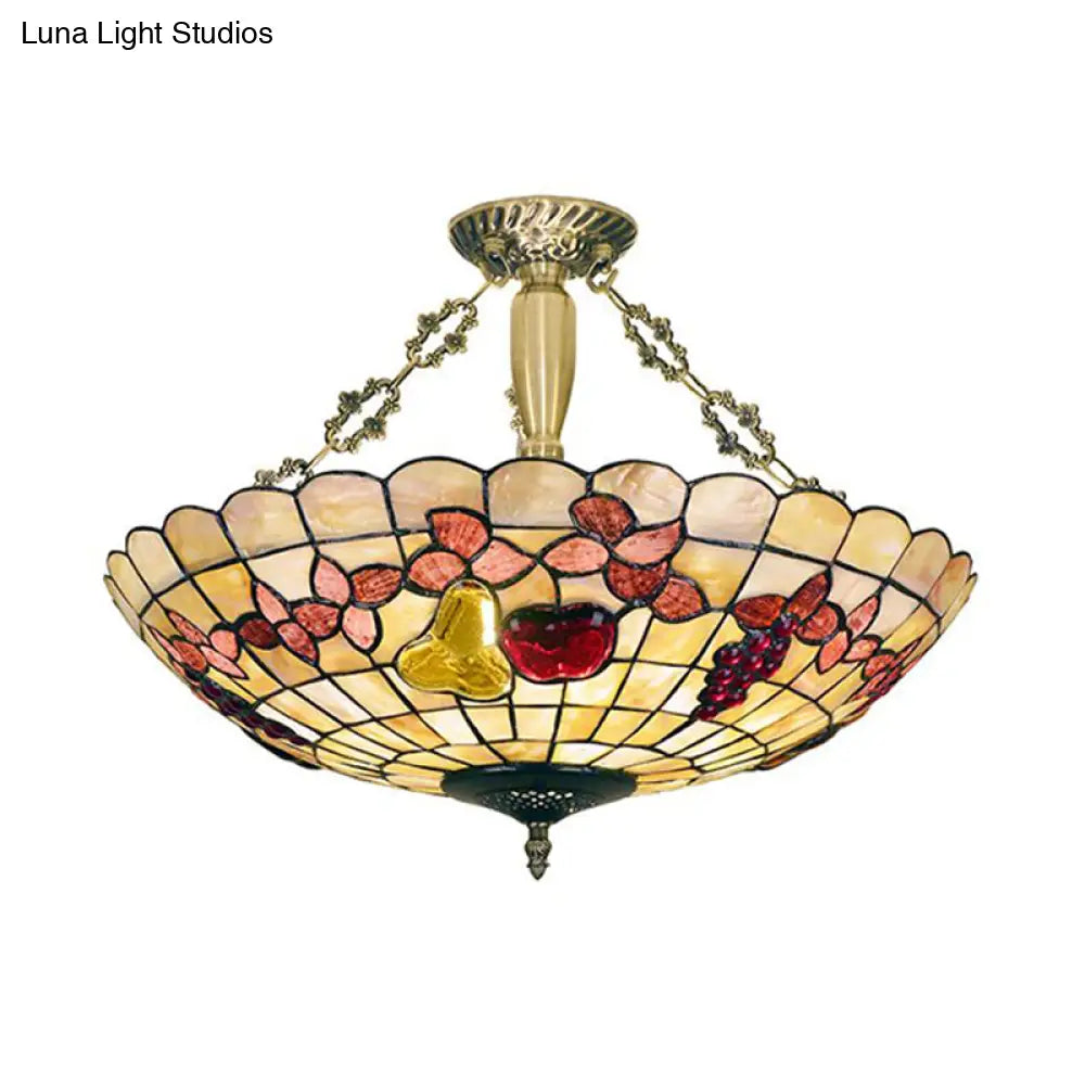 Tiffany Style Semi - Flush Ceiling Light With Butterfly Rose & Fruit Shell Shade