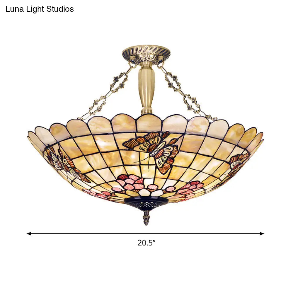 Tiffany Style Semi - Flush Ceiling Light With Butterfly Rose & Fruit Shell Shade