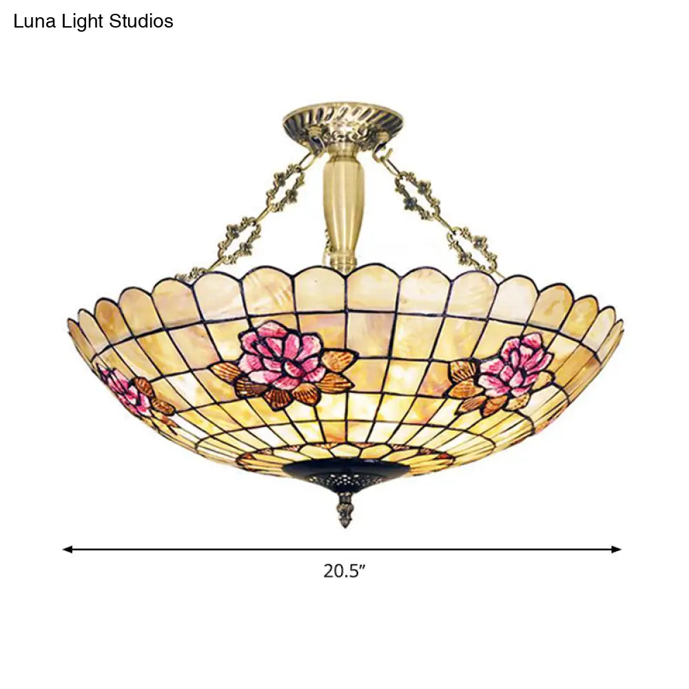 Tiffany Style Semi - Flush Ceiling Light With Butterfly Rose & Fruit Shell Shade