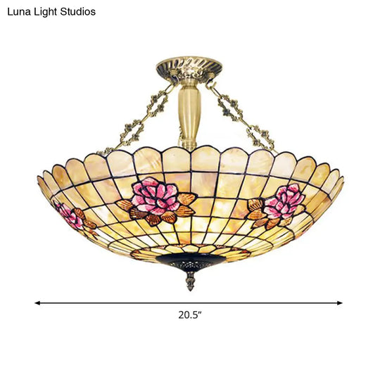 Tiffany Style Semi - Flush Ceiling Light With Butterfly Rose & Fruit Shell Shade