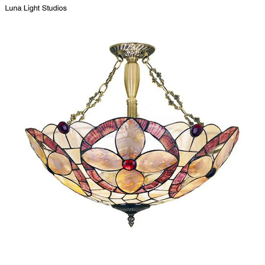 Tiffany Style Semi-Flush Ceiling Light With Butterfly Rose & Fruit Shell Shade Brass / Flower