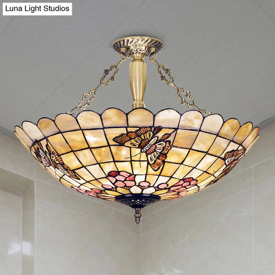 Tiffany Style Semi-Flush Ceiling Light With Butterfly Rose & Fruit Shell Shade