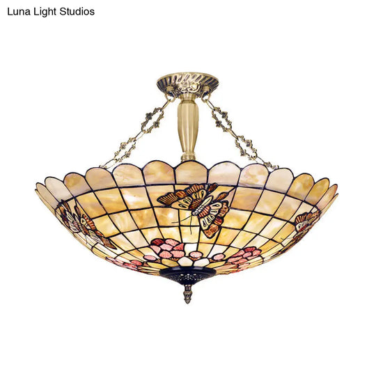 Tiffany Style Semi-Flush Ceiling Light With Butterfly Rose & Fruit Shell Shade