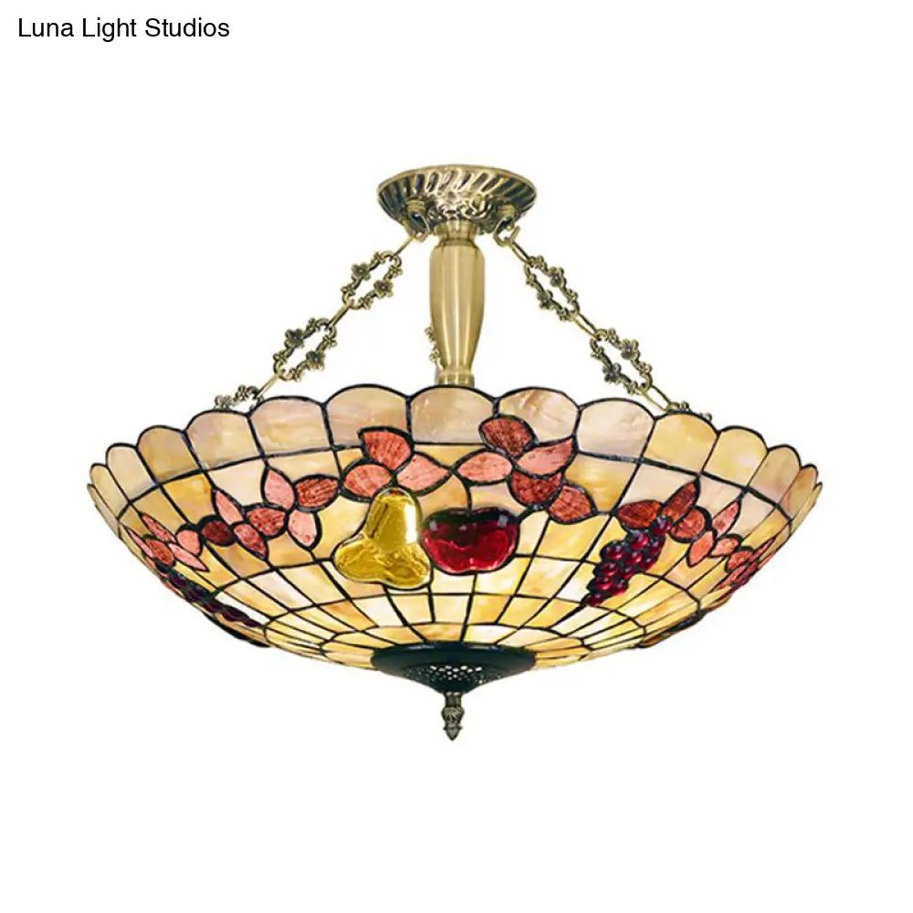 Tiffany Style Semi-Flush Ceiling Light With Butterfly Rose & Fruit Shell Shade