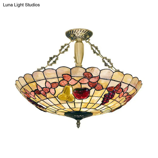 Tiffany Style Semi-Flush Ceiling Light With Butterfly Rose & Fruit Shell Shade