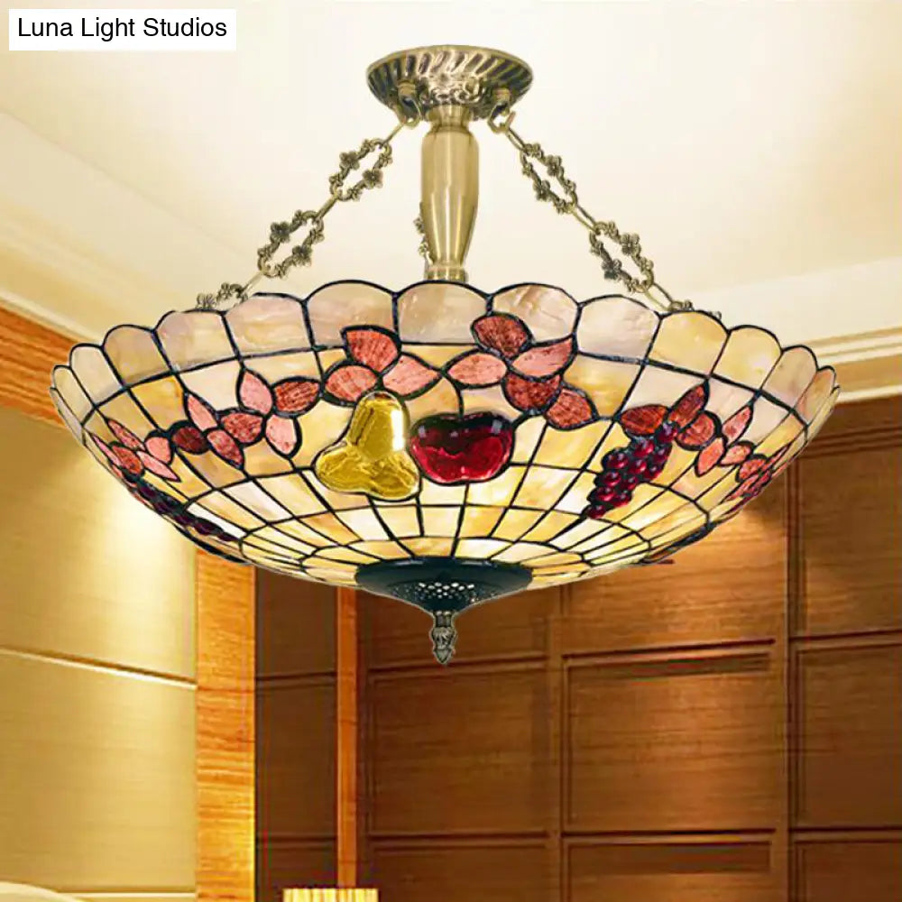 Tiffany Style Semi-Flush Ceiling Light With Butterfly Rose & Fruit Shell Shade Brass /