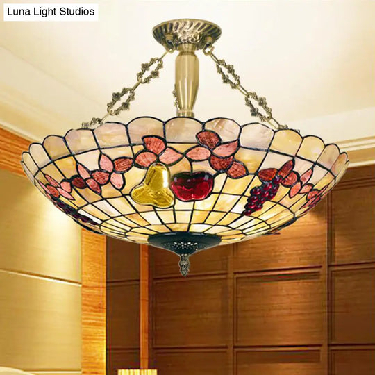 Tiffany Style Semi-Flush Ceiling Light With Butterfly Rose & Fruit Shell Shade Brass /